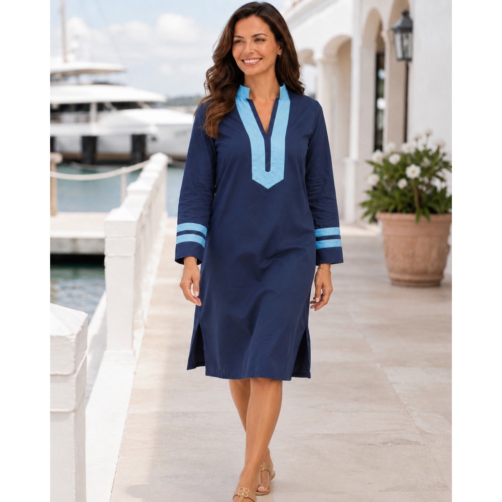 NWT Sail to Sable Navy Blue Long Sleeve Caftan Midi Dress Cotton XS Resort Chic
